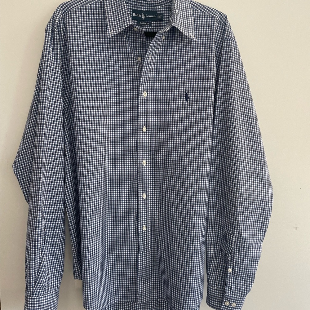 Ralph Lauren Men's Blue/White Checkered Shirt Classic Fit size 171/2 36/37 EUC